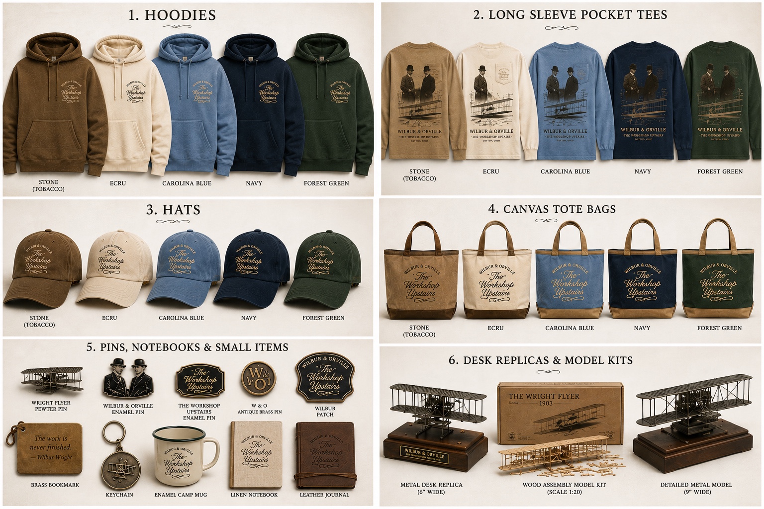 Concept board for Wilbur and Orville apparel, accessories, notebooks, pins, and model aircraft