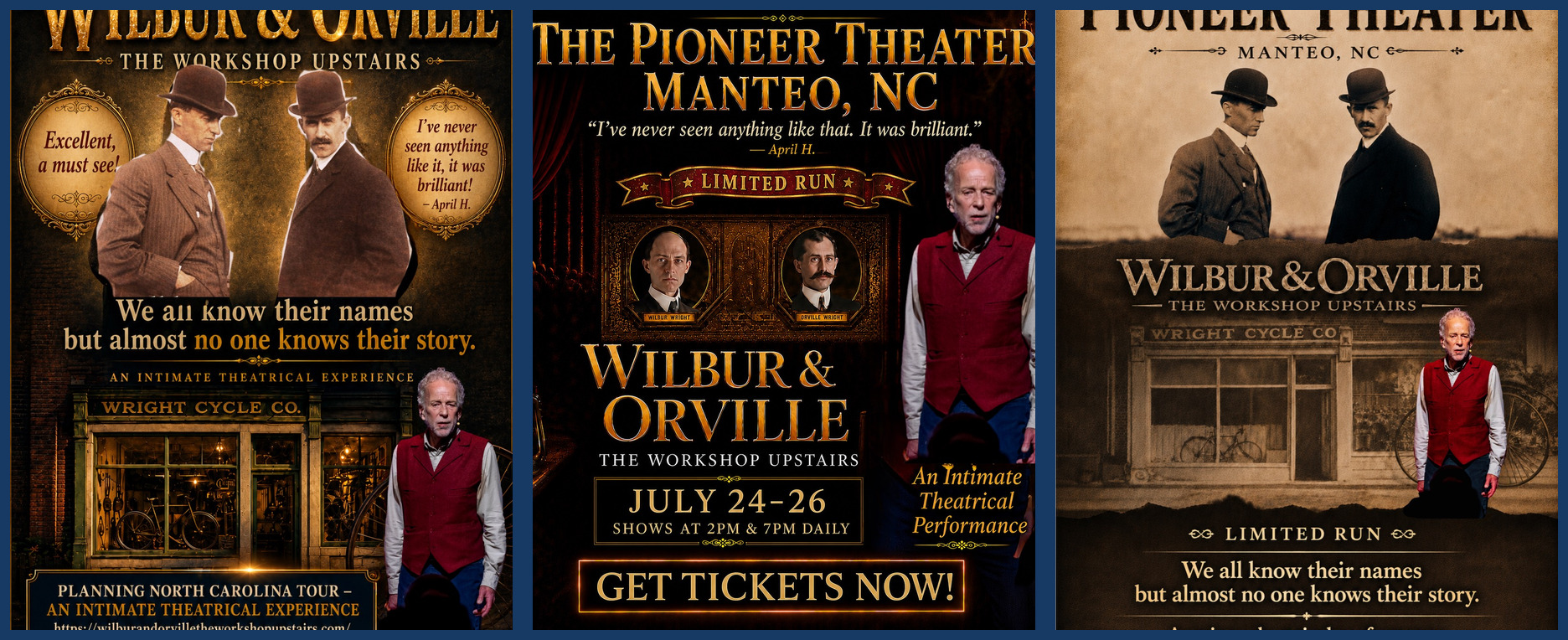 Three examples of localized Wilbur and Orville theatrical advertising